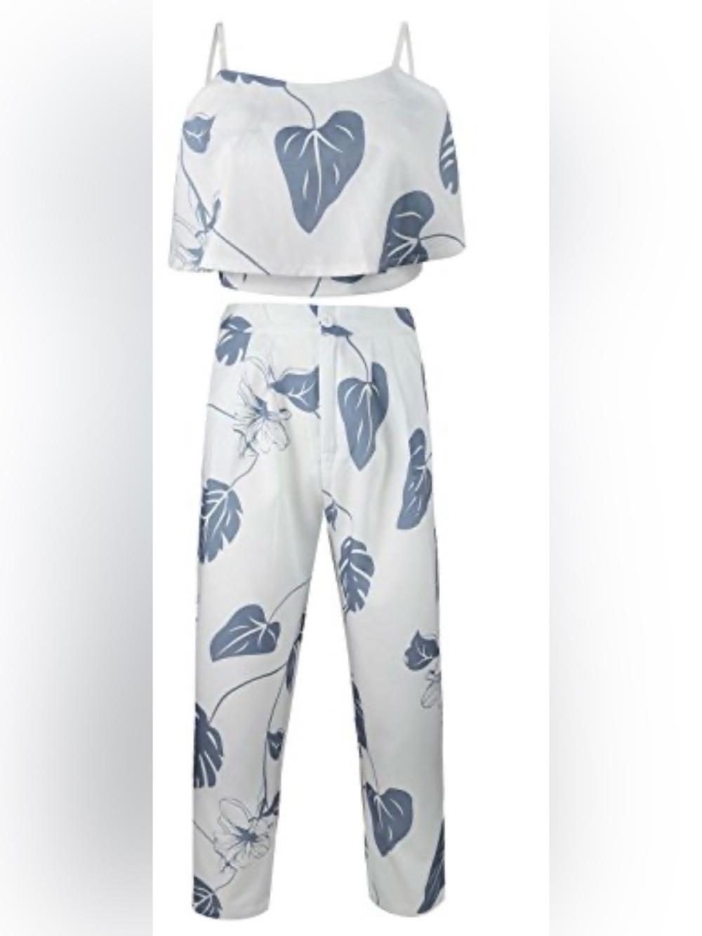 Fancyinn White Two-Piece - Straight Leg Pants Set with Blue Leaf Print